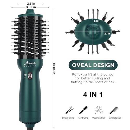 Aima Beauty Hair Dryer Brush Dual Voltage Worldwide Travel Blow Dryer Brush Hot Air Brush Oval Barrel 110-120V/220-240V 360°Airflow,Negative Ionic Frizz-Free Dry/Straightening/Voluming, Dark Green