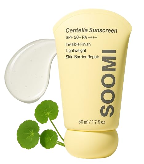 Soomi Skin Centella Sunscreen 50ml SPF 50 Centella Asiatica Korean Face Sunscreen for Sensitive Skin, No White Cast, Lightweight Hydrating Sun Protection, Skin Barrier Repair, Niacinamide