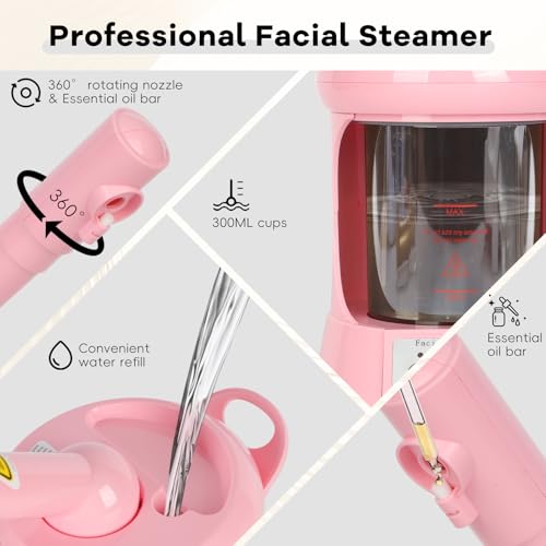Facial Steamer Professional - Nano Ionic Face Steamer with Extendable Arm, 360°Rotating Nozzle Face Steamer for Facial Deep Cleaning, Steamer for Facial for Personal Care at Home or Salon（Pink）