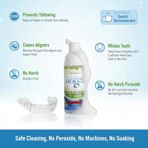 Aligner & Retainer Cleaner Foam Bright, Teeth Whitening Foam, Great for Invisalign, Candid, Byte, Night Guard, Mouth Guard, Dentures, Whitener, Toothpaste & Braces Cleaner, Peroxide Free