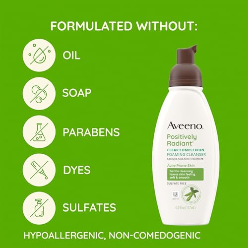 Aveeno Clear Complexion Foaming Oil-Free Facial Cleanser with Soy Extract & 0.5% Salicylic Acid, Acne Treatment Face Wash for Acne-Prone Skin, Sulfate-Free & Hypoallergenic, 6 fl. oz