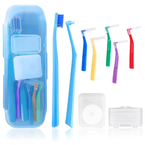 9-in-1 Orthodontic Oral Care Kit with Case – Toothbrush, End Tuft Toothbrush, 5 Interdental Brushes, Dental Floss, Dental Wax – Portable Hygiene Set for Braces and Daily and Travel Use (Blue)