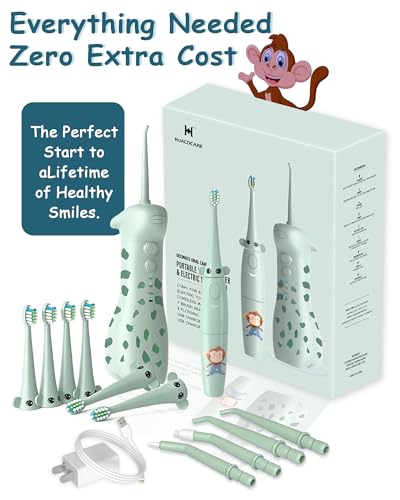 HUACOCARE Kids Water Flosser & Electric Toothbrush Combo | Giraffe & Monkey Design | 3 Gentle Modes & 2 Sonic Modes | All-in-One for Healthy Brushing Habits |Braces-Friendly | Gift for Boys & Girls
