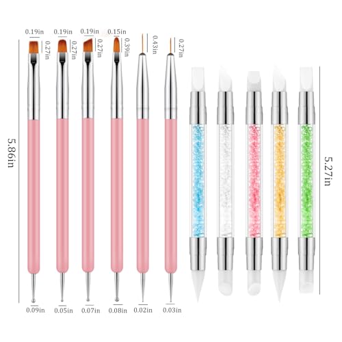 11PCS Nail Art Brushes & Nail Dotting Tools,Double Ended Tipped Silicone Nail Tools,Gel Polish Brush,Liner Brush,Dotting Pen for Home Salon DIY Kit (Pink)