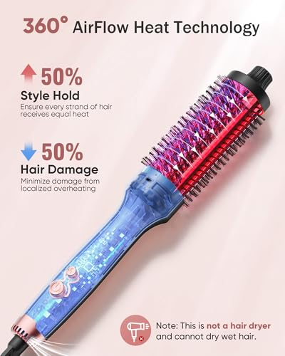 Upgraded Thermal Brush for Hair Volume Boost, 1.5 Inch Heated Curling Brush for Fast Styling & Blowout Look, 2× Negative Ion Release to Smooth Frizz, Airflow Heat & Dual PTC Technology Hair Tool