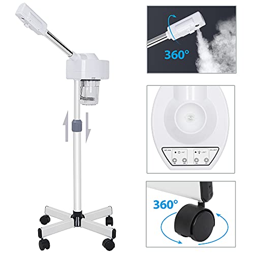 Professional Facial Steamer for Face Professional Deep Cleansing with Hot Mist Function Stand on Wheel, High Frequency for Home Spa Salon Beauty Skin Care, White