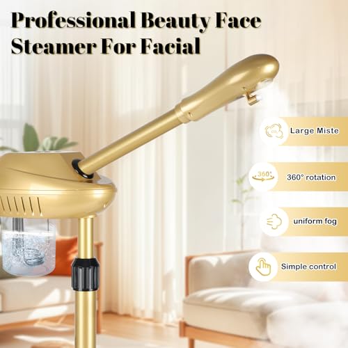 Facial Steamer Professional with More Steam for Deep Cleansing and Hydration, Steamer for Facial with Time Setting, Face Steamer Adjustable Height for Beauty, Spa and Home Use, Gold