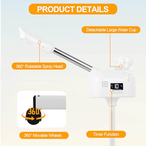 Professional Facial Steamer, Facial Steamer with Hot Mist and Timer Function, Adjustable Height Face Steamer on Wheels with 360° Rotatable Nozzle for Deep Hydration and Cleaning