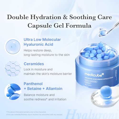 medicube Capsule Cream with Hyaluronic Acid | 120H Lasting Hydration, Barrier Care, Calming Daily Facial Moisturizer For All Skin Types | Panthenol & Ceramides | Korean Skincare, 1.94 oz