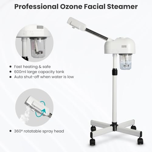 TASALON Professional Facial Steamer, Hot Mist Spray, Vaporizador Facial Steamer for Esthetician, Height Adjustable, SPA at Home, White