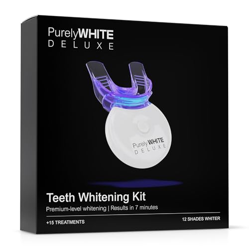 PurelyWHITE DELUXE Teeth Whitening Kit, Complete LED Teeth Whitening, 15+ Treatments, (3) 3ml Whitening Gel Syringes, Whiter Smile in 7 Minutes