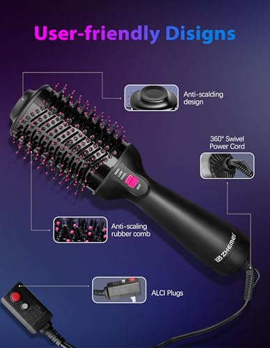 1300W Hair Dryer Brush,4 in 1 Blow Dryer Brush Anti-frizz Ceramic Titanium Barrel with ALCI Safety Plug Professional Salon Hot Air Brush for All Hair Types (Black)