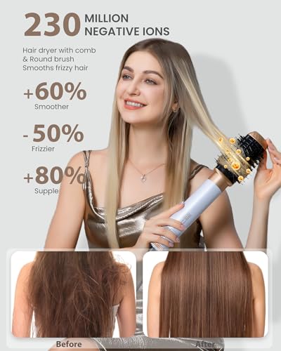 Ukliss 6 in 1 Hair Dryer Brush with Auto-Wrap Curling & ALCI Plug, Ionic Hot Air Brush for Frizz-Free Salon Blowouts at Home, 3 Heat Settings for Fine to Normal Hair, 800W