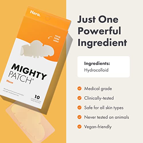 Mighty Patch Nose Pimple Patches from Hero Cosmetics, Large Hydrocolloid Pore Strips, Dermatologist Approved, Overnight, Blackhead Remover Strip to Absorb Acne Nose Gunk from Face, 10 Count