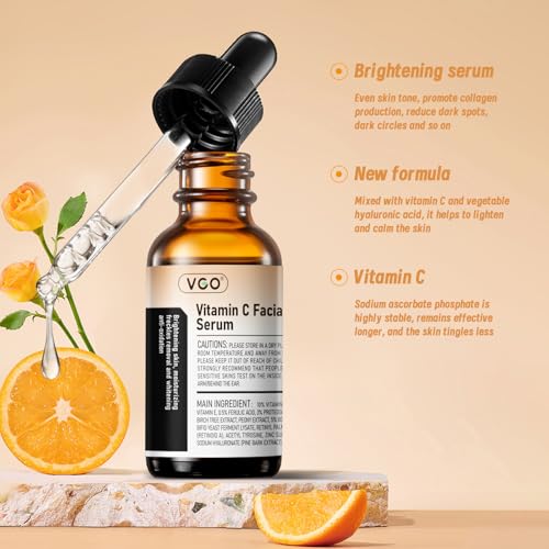 VGO Vitamin C Serum for Face, Vit C Anti Aging Serum with Hyaluronic Acid & Vitamina E, Deep Hydration Facial Care for All Skin Types, 1.01oz / 30ml
