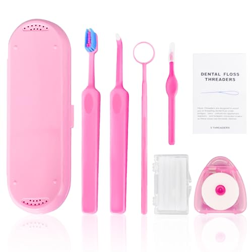 7-in-1 Orthodontic Oral Care Kit with Case – Toothbrush, End Tuft Toothbrush, Dental Mirror, Interdental Brush, Dental Floss and Threaders, Dental Wax, Portable Hygiene Set for Braces Daily Use (Pink)