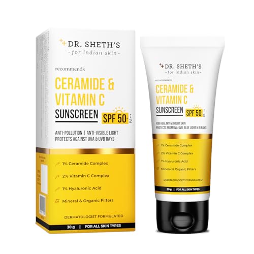 Dr. Sheth's Ceramide & Vitamin C Sunscreen | In-Vivo Tested | SPF 50+ Pa++++ | Healthy Glow | Non-Greasy, Quick-Absorbing | Women & Men | All Skin Types, 30G