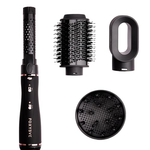 Foxybae Super Styler – 4-in-1 Blow-Dryer Brush Set - Diffuser, Blowout-Brush, 1.25” Curling Barrel & Drying Cylinder - Voluminous, Frizz-Free Hair - Dryer, Straightener & Curler (Black Rose-Gold)