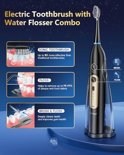 Electric Toothbrush with Water Flosser Combo, Professional Flossing Toothbrush with 3 Sonic Brush Modes & 5 Water Pressures, Cordless Water Flosser for Adults Teeth Cleaning Plaque Removal