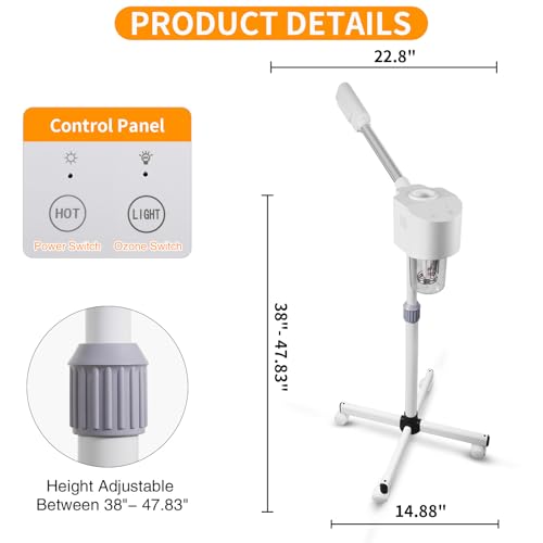 Professional Facial Steamer, Hot Mist Spray, Vaporizador Facial Steamer for Esthetician, Height Adjustable, SPA at Home, White