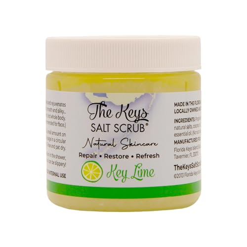 The Keys Salt Scrub -Sea Salt Scrub - Exfoliating Body Scrub with Wooden Spoon - Moisturizing Exfoliator for Hands, Foot, Bath, (3.4 Ounce (Pack of 1), Key Lime)