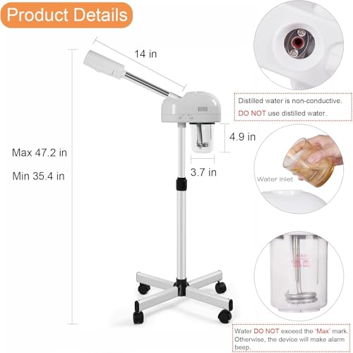 Professional Facial Steamer with Hot Mist Function, Stand Facial Steamer On Wheels, Height Adjustable & 360° Rotatable Nozzle, Use at Home & Salon SPA