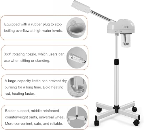 Professional Facial Steamer with Hot Mist Function, Stand Facial Steamer On Wheels, Height Adjustable & 360° Rotatable Nozzle, Use at Home & Salon SPA