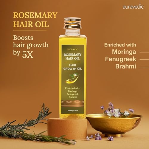 Auravedic Rosemary Hair Growth Oil with Moringa, Fenugreek & Brahmi | Scalp Nourishing Oil for Dry, Weak Hair & Breakage Care | Supports Fuller-Looking, Healthier Hair | 3.38 Fl Oz (100ml)