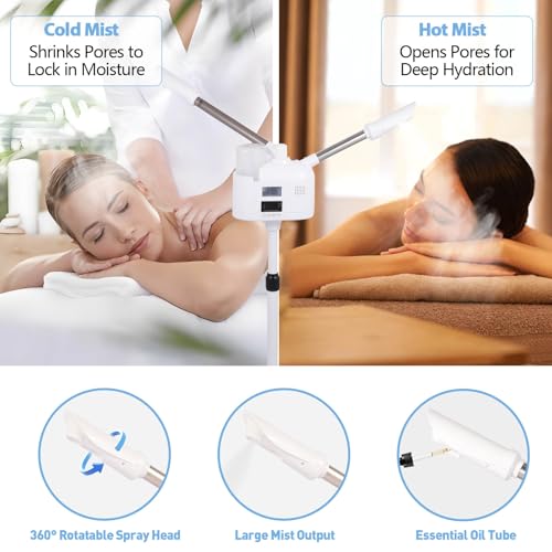 Facial Steamer with Hot & Cold Mist Function, 2 in 1 Facial Steamer with Ozone for Facial Deep Cleaning and Hydration, Esthetician Steamer on Wheels, Ideal for Salon Spa Home Beauty Equipment, White