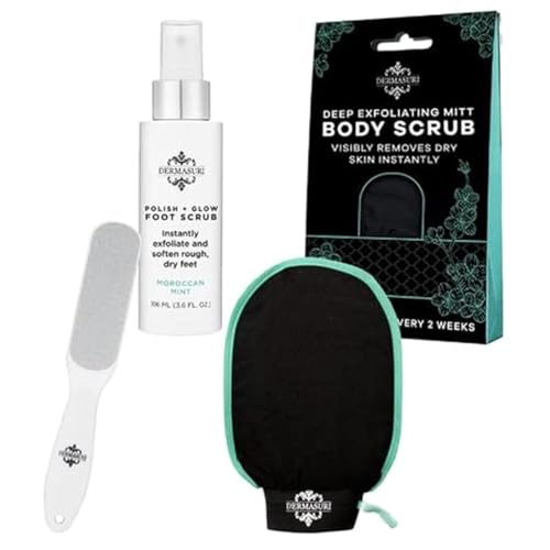 Dermasuri - Deep Exfoliating Body Scrub & Foot Scrub Set Bundle - Shower Body Exfoliator Glove, Spa Exfoliation Mitt & Exfoliating Feet Spray - Dry Skin Remover Sole File - Skin Care Spa Treatment Pro
