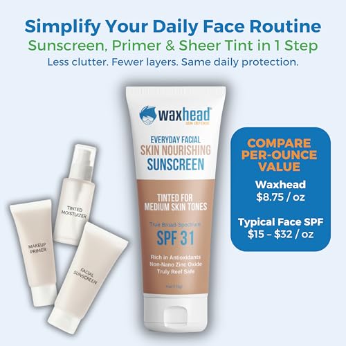 Waxhead Tinted Mineral Sunscreen for Face – Sheer Glow BB Cream Moisturizer with SPF 31, Non-Nano Zinc Oxide, Unscented, Non‑Comedogenic Mineral Facial Sunscreen, Wear under Makeup (Medium Tint 4oz)