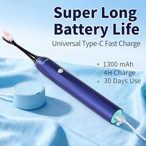 Sonic Electric Toothbrush for Adults, 5 Modes (Whitening/Clean/Sensitive/Polish/Massage), IPX7 Waterproof, 30-Day Battery Life, Includes 6 Brush Heads (Blue)