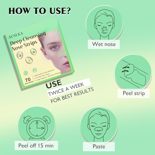 AUSLKA Blackhead Pore Strips,(70 Counts) Blackhead Remover-Deep Cleansing Nose Strips With Instant Pore Unclogging, Nose Plant Strips for Blackheads