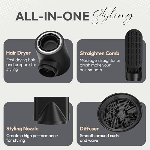 8 in 1 Hair Styler, Hair Styling Tools with 3 Heat Settings, Detachable Blow Dryer, Hot Air Curler Multi Styler Brush Set, Brush Curling Wrap Straight Curl Dry Volumiz Smooth – Black & Gold
