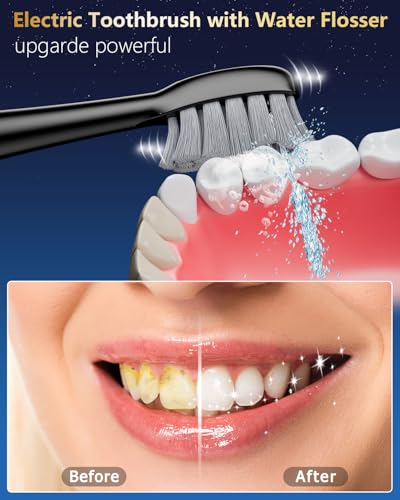 Electric Toothbrush with Water Flosser Combo, Professional Flossing Toothbrush with 3 Sonic Brush Modes & 5 Water Pressures, Cordless Water Flosser for Adults Teeth Cleaning Plaque Removal
