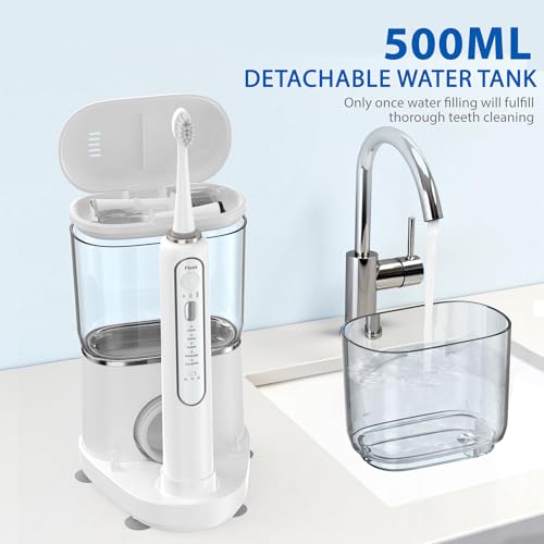 Electric Toothbrush with Water Flosser - Wireless Charging 3 in 1 Flossing Toothbrush - 500ML Professional Cordless Brush and Flosser in One - 5 Brush Modes & 3 Floss Speed (White)