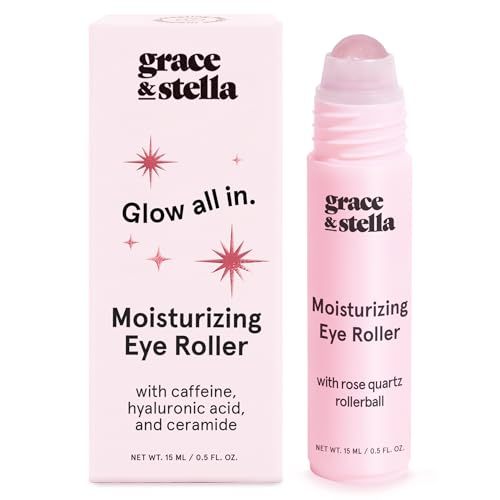 grace & stella Under Eye Brightener with Rose Quartz Rollerball - Hyaluronic Acid & Caffeine Eye Serum for Dark Circles & Puffiness - Valentines Day Gifts, Travel Size Toiletries (15ml / 0.51floz)