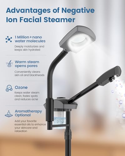 Kingsteam Facial Steamer & 5X Magnifying Lamp Combo, Professional Esthetician Equipment: Adjustable Nano Mist, Deep Pore Cleansing, Blackhead Remover, Acne Treatment Ozone Steamer (60 Min Timer),Black