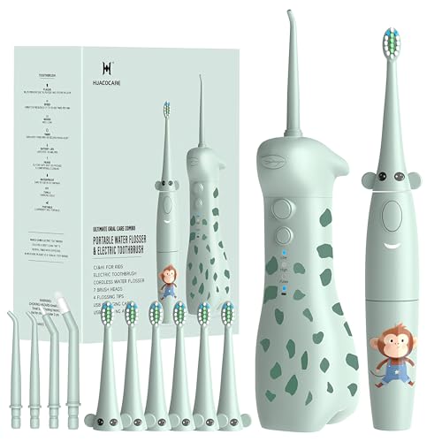 HUACOCARE Kids Water Flosser & Electric Toothbrush Combo | Giraffe & Monkey Design | 3 Gentle Modes & 2 Sonic Modes | All-in-One for Healthy Brushing Habits |Braces-Friendly | Gift for Boys & Girls