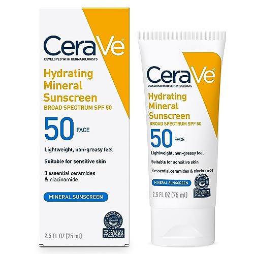 CeraVe 100% Mineral Sunscreen SPF 50, Face sunscreen With Zinc Oxide & Titanium Dioxide, Hyaluronic Acid + Niacinamide + Ceramides, Oil Free, Travel Size 2.5 oz