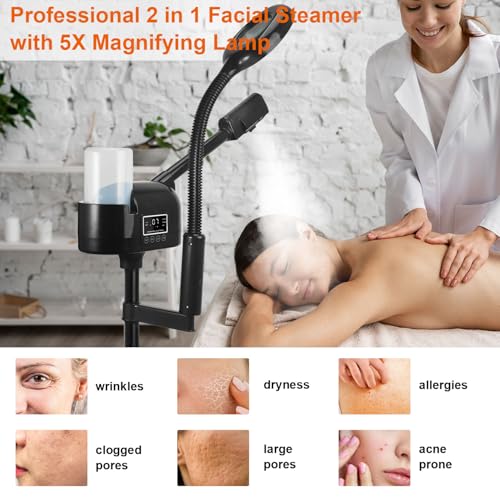 Professional Facial Steamer with 5X Magnifying Lamp, 2 in 1 Facial Steamer Upgrade PTC Heating, Esthetician Steamer Black Face Steamer for Salon Spa Beauty Skin Care (Black)
