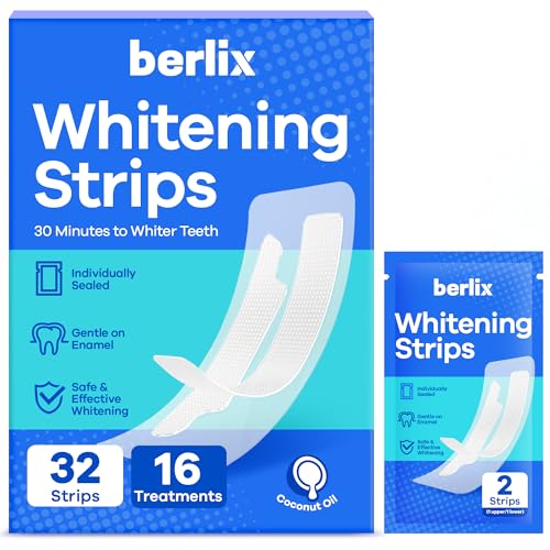 Teeth Whitening Strips (16 Treatments, 32 Count), Enamel Safe for Teeth Whitener, Whitening Strips with Coconut Oil, Formulated to Be Gentle & Non Slip and Quick-Dry, Stains Removal