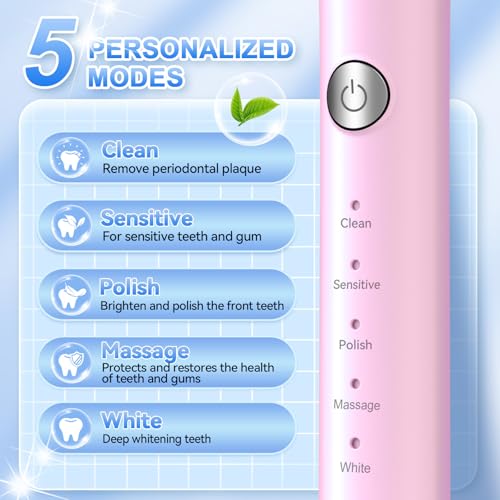JTF Sonic Electric Toothbrush for Adults & Kids: 5 Modes for Sensitive Teeth, Effective Yet Gentle Cleaning - with 8 Brush Heads & Smart Timer, Rechargeable Portable for Daily Care, Home & Travel Use