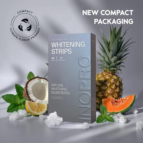 InoPro Natural Teeth Whitening Strips Kit 21 Treatments - Sensitive Teeth Whitener, Peroxide Free with Papain, Bromelain, Coconut Oil, White Strips for Teeth Whitening (42 Strips)