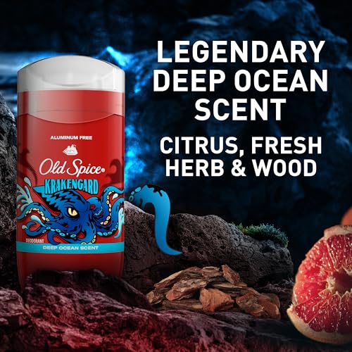Old Spice Aluminum Free Deodorant for Men, 24/7 Odor Protection, 24/7 Freshness & Lasting Scent, Goes on Clear, Krakengard with Deep Ocean Scent, 3.0 oz (Pack of 3)
