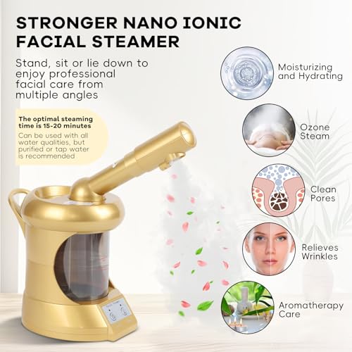 Facial Steamer, Nano Ionic Face Steamer with Extendable Arm for Deep Cleaning and Hydration, 360°Rotating Nozzle Face Humidifier, Portable Ozone Steamer for Beauty, Spa and Home Use（Golden）