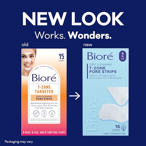 Bioré T-Zone Blackhead Remover Strips, Deep Cleansing Pore Strips, (5 Nose + 5 Face + 5 Chin Strips), Instant Pore Unclogging for the T-Zone Area, 15 Count