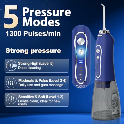 H2ofloss Water Dental Flosser Pick for Teeth: 5 Modes Cordless Portable 300ML Larger Tank Water Teeth Cleaner IPX7 Waterproof Flossing Cleaning Picks for Home Travel Dark Blue