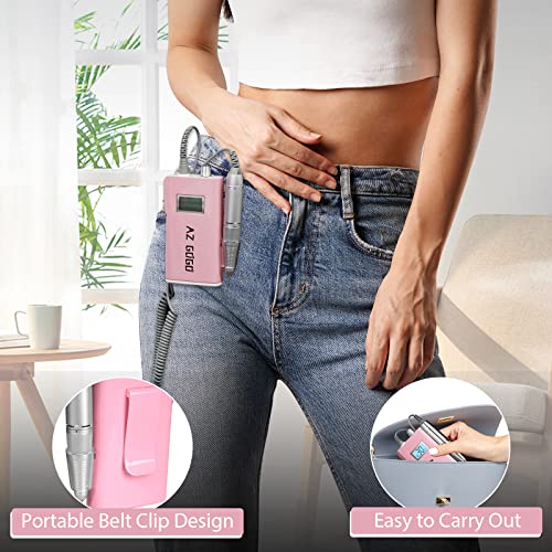 Professional Nail Drill Machine, AZ GOGO 30000RPM Rechargeable Portable Nail Drills for Acrylic Gel Nails - Cordless Electric Nail Drill with LCD Display (Pink)