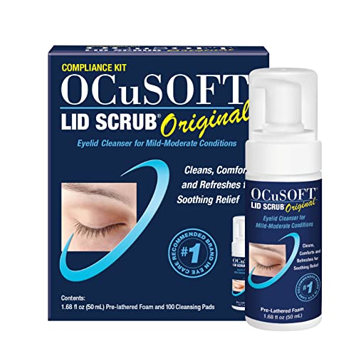 OCuSOFT Lid Scrub Original Compliance Kit - Instant Foaming Eyelid Scrub & Lint-Free Wipes - Daily Eyelid Kit to Remove Oil, Dust, Pollen & Eye Makeup - 1.68 fl oz & 100 Dry Pads